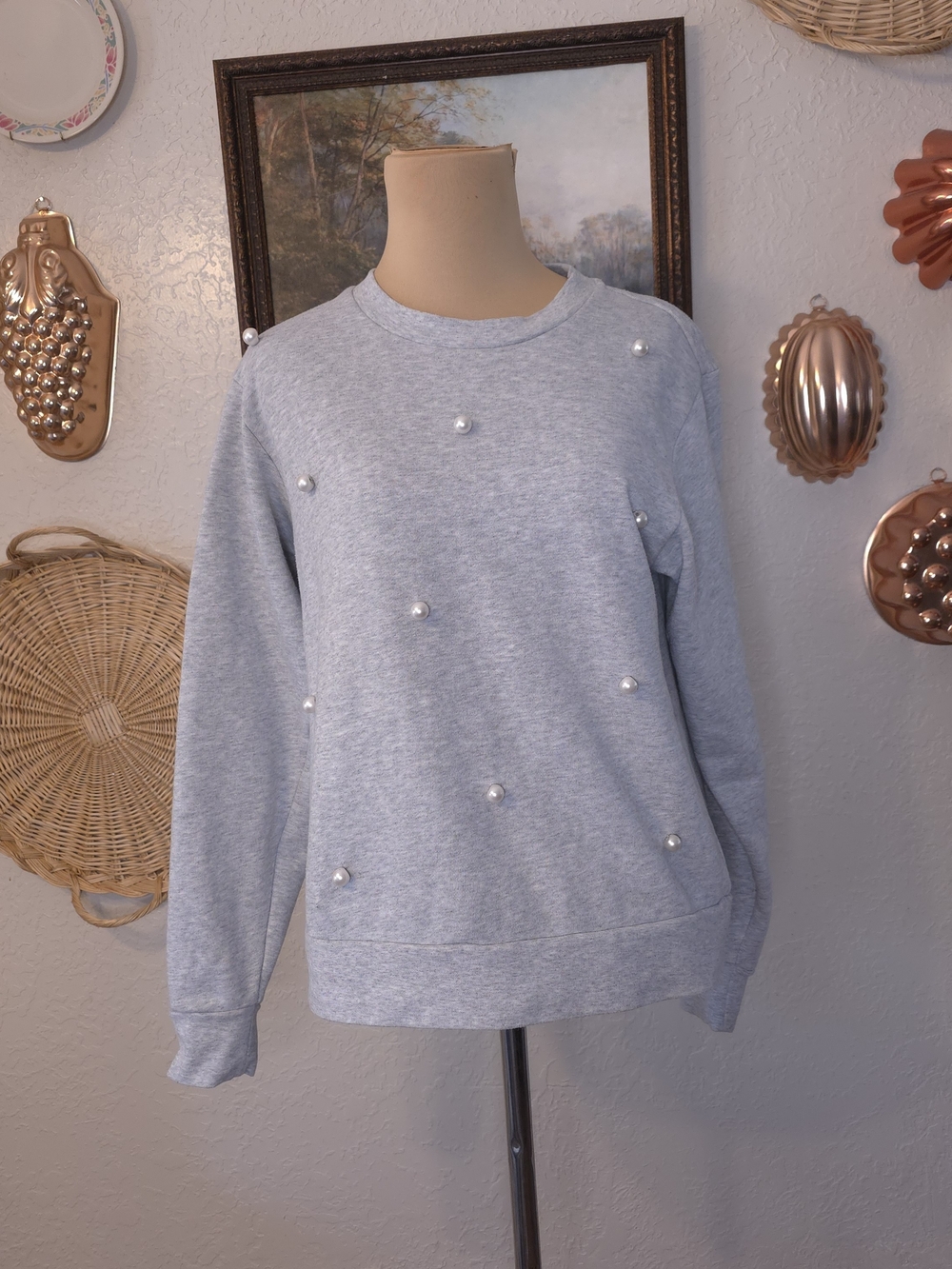 Rachel Parcell Anthropologie Gray Pearl Embellished Sweatshirt Small Preppy